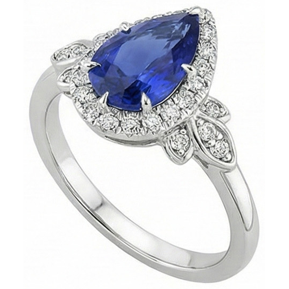 Halo Ring Floral Style Pear Sri Lankan Sapphire & Natural Earth Mined Diamonds 4 Carats
