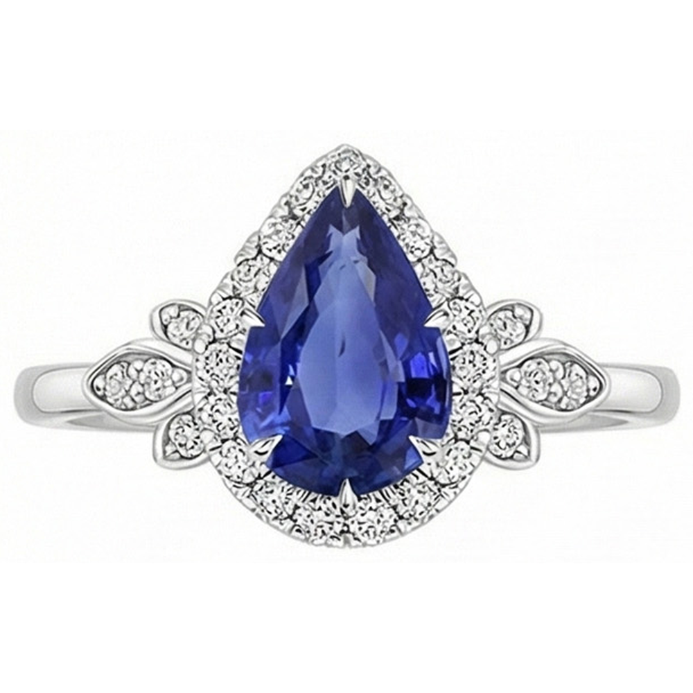 Halo Ring Floral Style Pear Sri Lankan Sapphire & Natural Earth Mined Diamonds 4 Carats