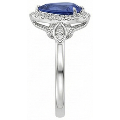 Halo Ring Floral Style Pear Sri Lankan Sapphire & Natural Earth Mined Diamonds 4 Carats