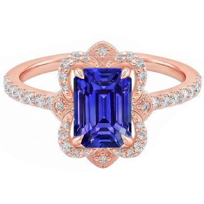 Halo Ring Flower Style Emerald Blue Sapphire & Natural Earth Mined Diamond 4.25 Carats