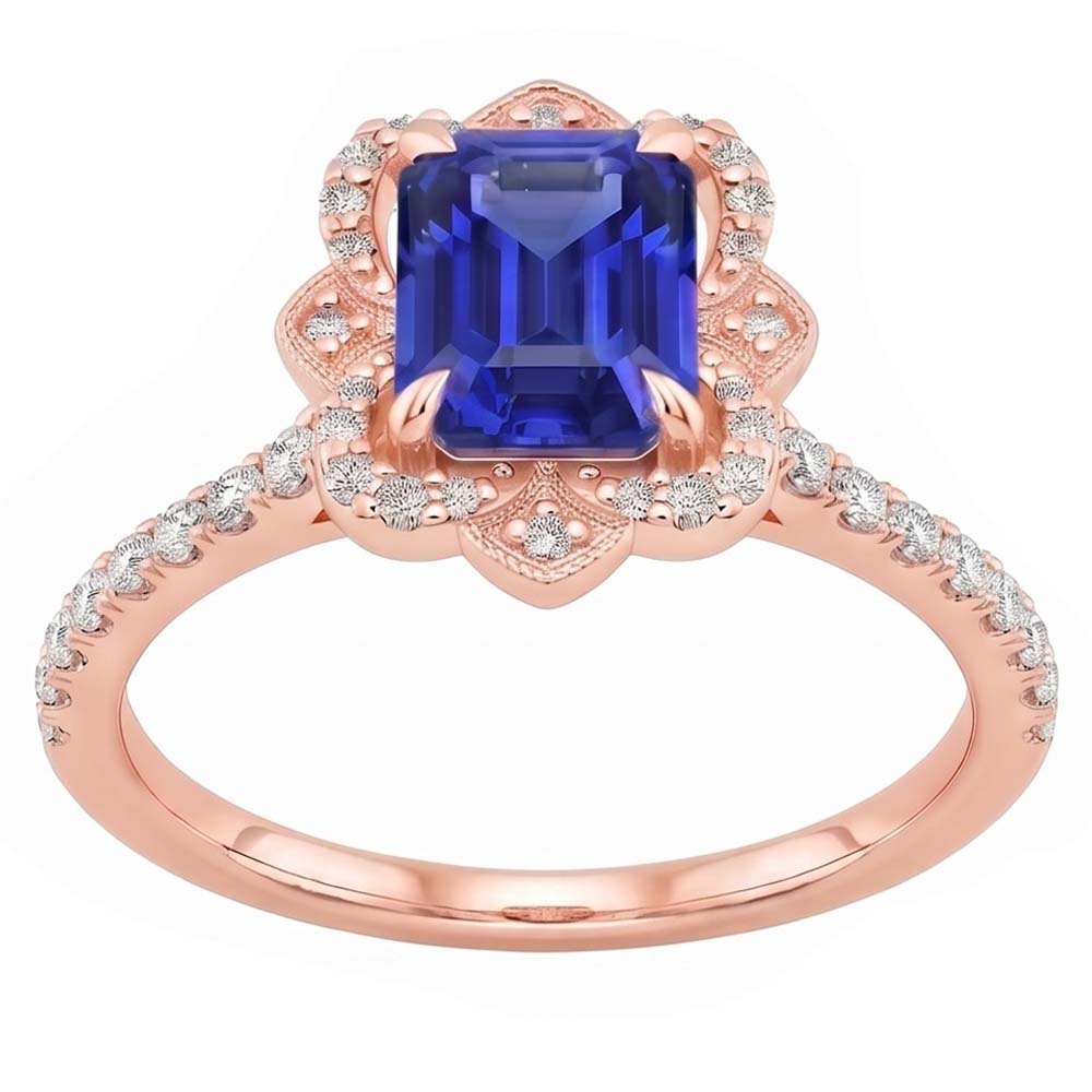 Halo Ring Flower Style Emerald Blue Sapphire & Natural Earth Mined Diamond 4.25 Carats