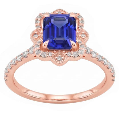Halo Ring Flower Style Emerald Blue Sapphire & Natural Earth Mined Diamond 4.25 Carats
