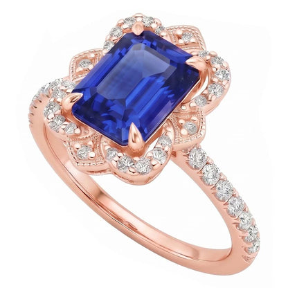 Halo Ring Flower Style Emerald Blue Sapphire & Natural Earth Mined Diamond 4.25 Carats