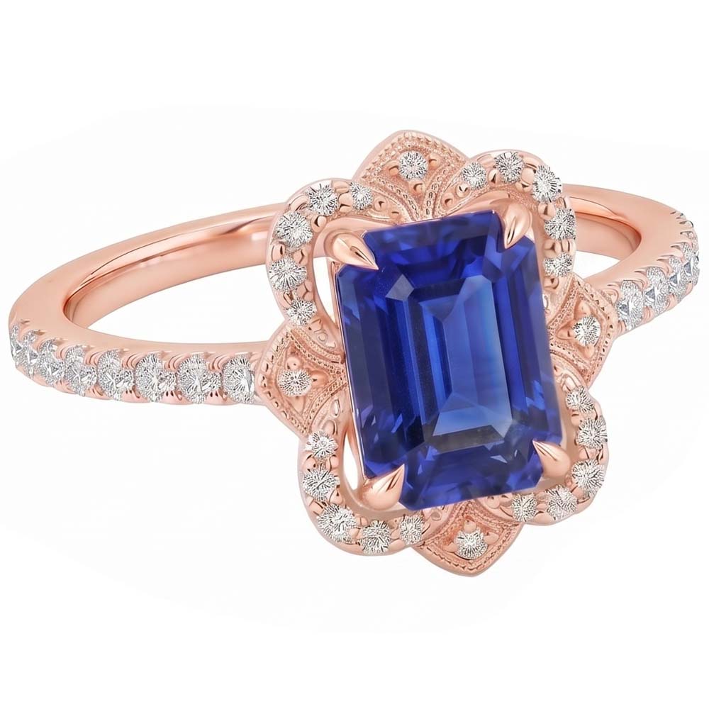 Halo Ring Flower Style Emerald Blue Sapphire & Natural Earth Mined Diamond 4.25 Carats