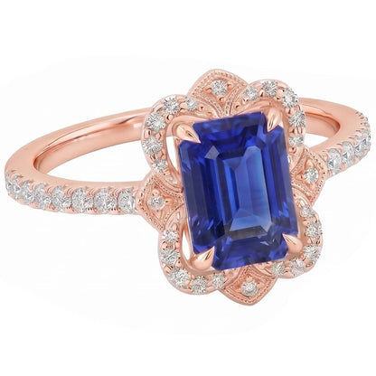 Halo Ring Flower Style Emerald Blue Sapphire & Natural Earth Mined Diamond 4.25 Carats