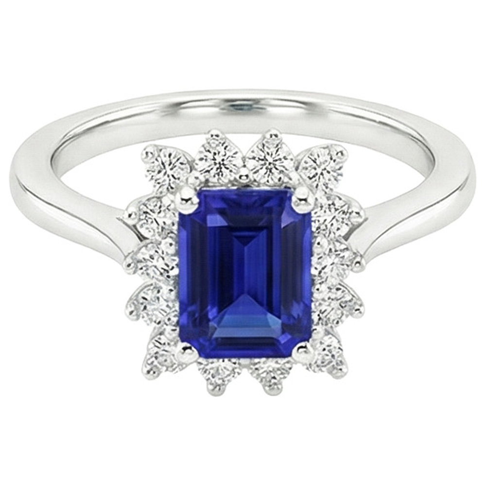 Halo Ring Flower Style Emerald Ceylon Sapphire & Natural Earth Mined Diamond 4.50 Carats