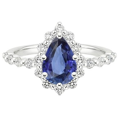 Halo Ring Flower Style Pear Blue Sapphire & Natural Earth Mined Diamonds 5 Carats