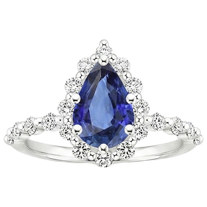 Halo Ring Flower Style Pear Blue Sapphire & Natural Earth Mined Diamonds 5 Carats