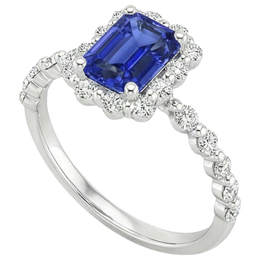 Halo Ring Flower Style Radiant Blue Sapphire & Natural Earth Mined Diamond 4.25 Carats