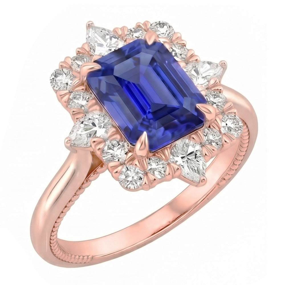 Halo Ring Flower Style Sri Lankan Sapphire & Natural Earth Mined Diamond 4.25 Carats