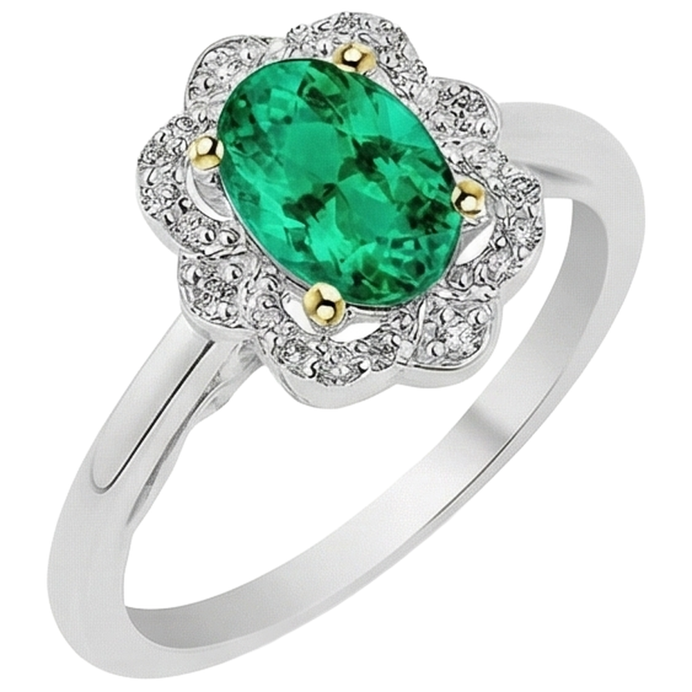 Natural Real ( Not Lab Grown ) Halo Ring Green Emerald GIA Flower Style Oval Cut