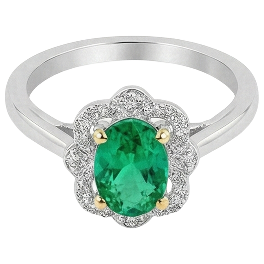 Natural Real ( Not Lab Grown ) Halo Ring Green Emerald GIA Flower Style Oval Cut