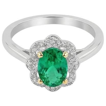 Natural Real ( Not Lab Grown ) Halo Ring Green Emerald GIA Flower Style Oval Cut