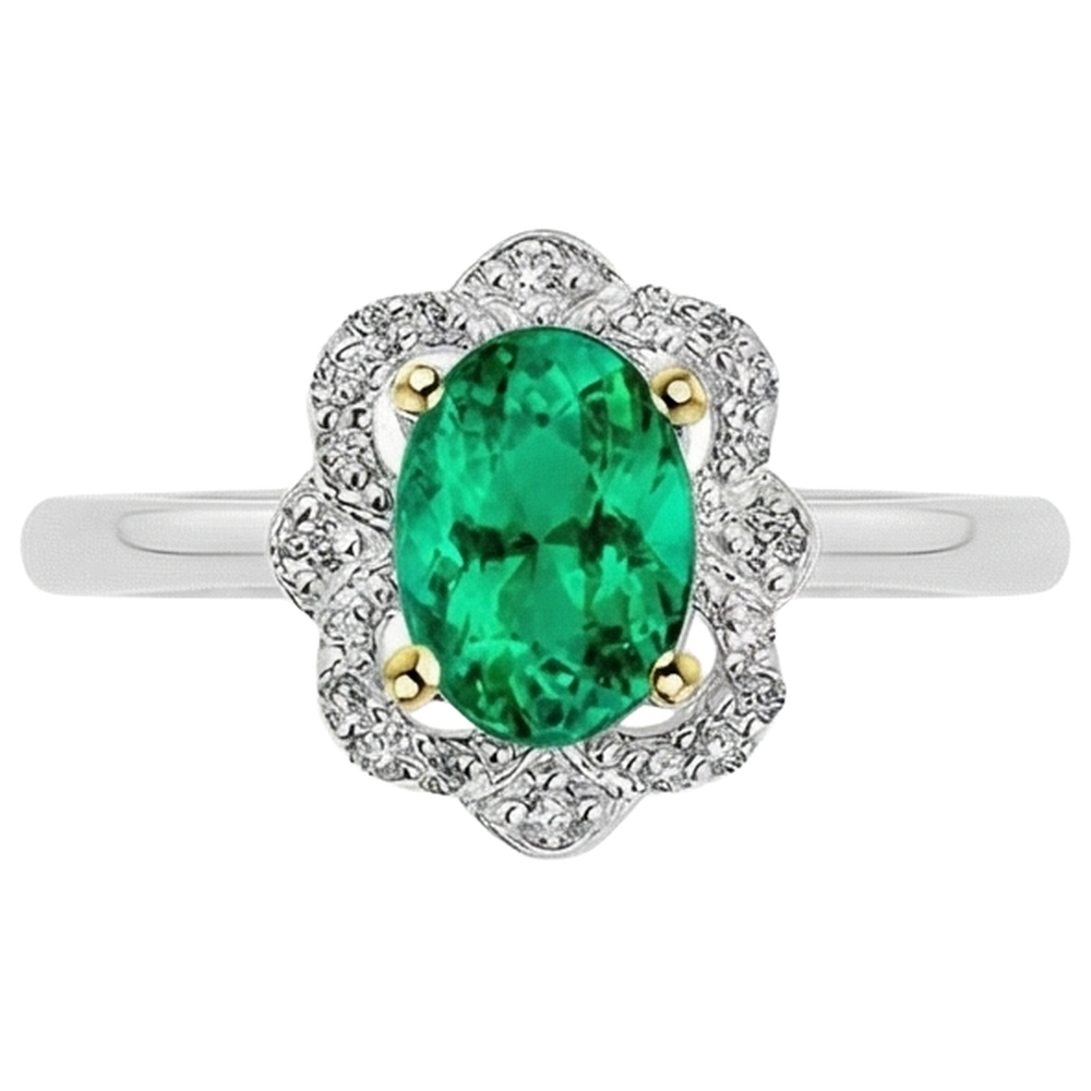 Natural Real ( Not Lab Grown ) Halo Ring Green Emerald GIA Flower Style Oval Cut