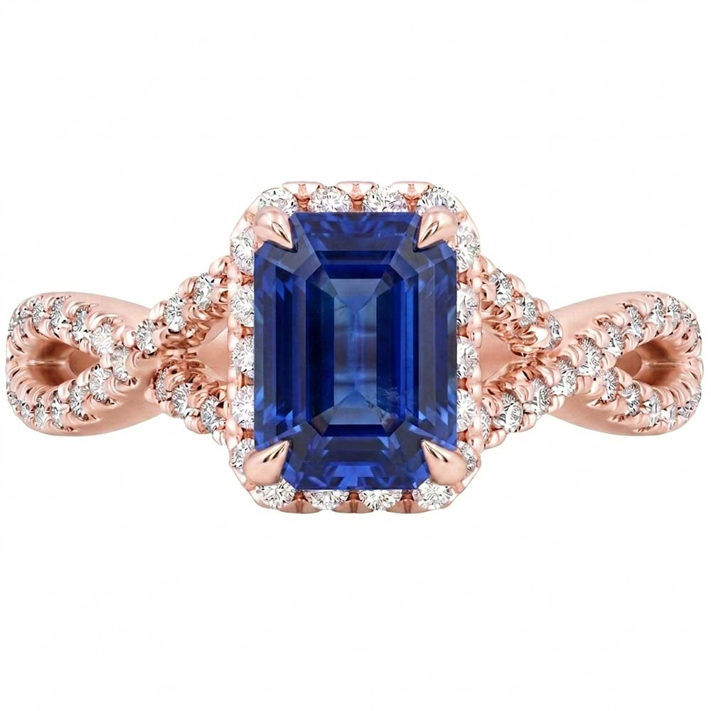 Halo Ring Infinity Style Emerald Blue Sapphire & Natural Earth Mined Diamond 4.50 Carats