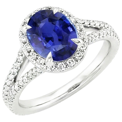 Halo Ring Oval Ceylon Sapphire & Natural Earth Mined Diamonds V Split Shank 4 Carats