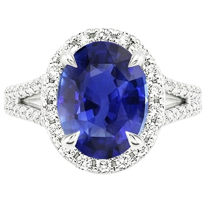 Halo Ring Oval Ceylon Sapphire & Natural Earth Mined Diamonds V Split Shank 4 Carats