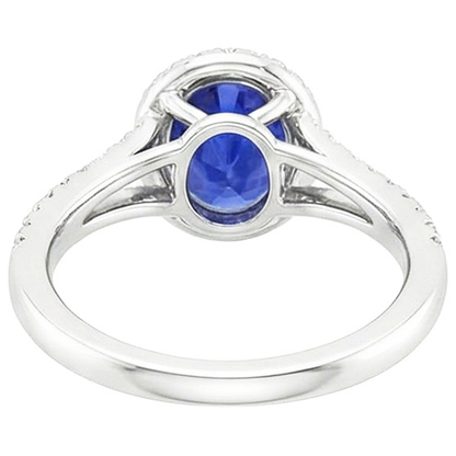 Halo Ring Oval Ceylon Sapphire & Natural Earth Mined Diamonds V Split Shank 4 Carats