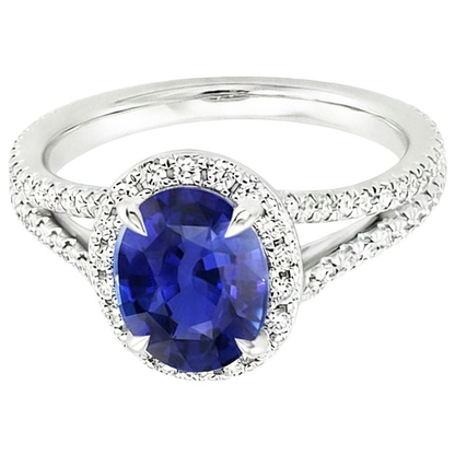 Halo Ring Oval Ceylon Sapphire & Natural Earth Mined Diamonds V Split Shank 4 Carats