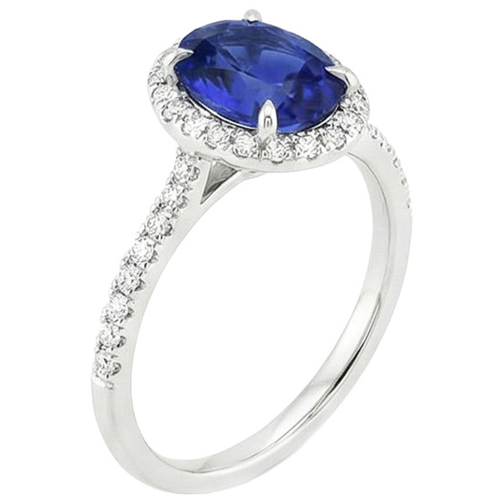 Halo Ring Oval Cut Ceylon Sapphire & Pave Set Natural Earth Mined Diamonds 4 Carats