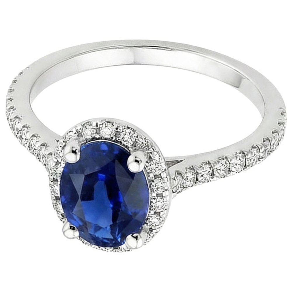 Halo Ring Pave Set Natural Earth Mined Diamonds & Oval Sri Lankan Sapphire 5 Carats
