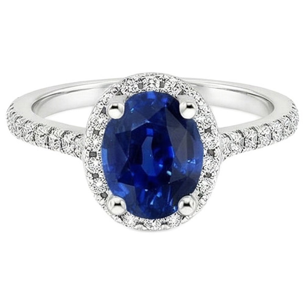 Halo Ring Pave Set Natural Earth Mined Diamonds & Oval Sri Lankan Sapphire 5 Carats