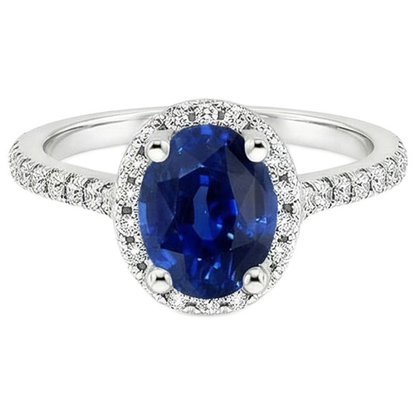 Halo Ring Pave Set Natural Earth Mined Diamonds & Oval Sri Lankan Sapphire 5 Carats