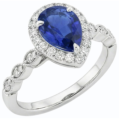Halo Ring Pear Ceylon Sapphire & Natural Earth Mined Diamonds 5 Carats White Gold 14K