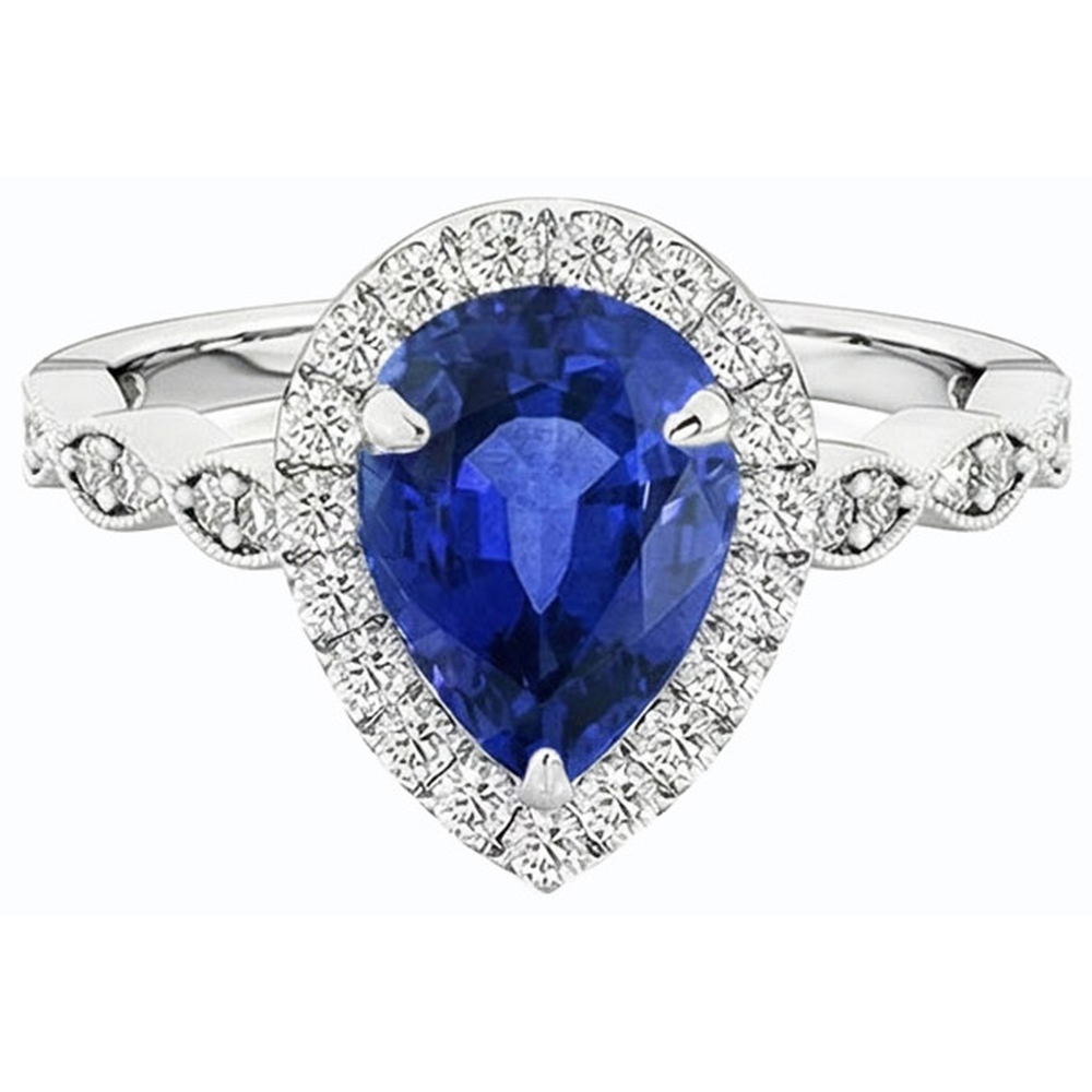 Halo Ring Pear Ceylon Sapphire & Natural Earth Mined Diamonds 5 Carats White Gold 14K