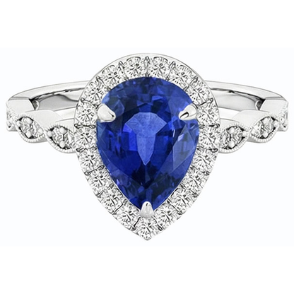 Halo Ring Pear Ceylon Sapphire & Natural Earth Mined Diamonds 5 Carats White Gold 14K
