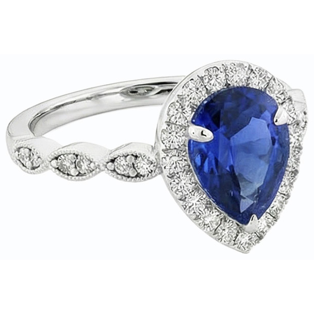 Halo Ring Pear Ceylon Sapphire & Natural Earth Mined Diamonds 5 Carats White Gold 14K