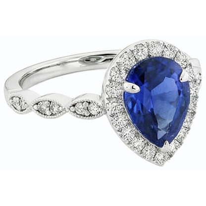 Halo Ring Pear Ceylon Sapphire & Natural Earth Mined Diamonds 5 Carats White Gold 14K