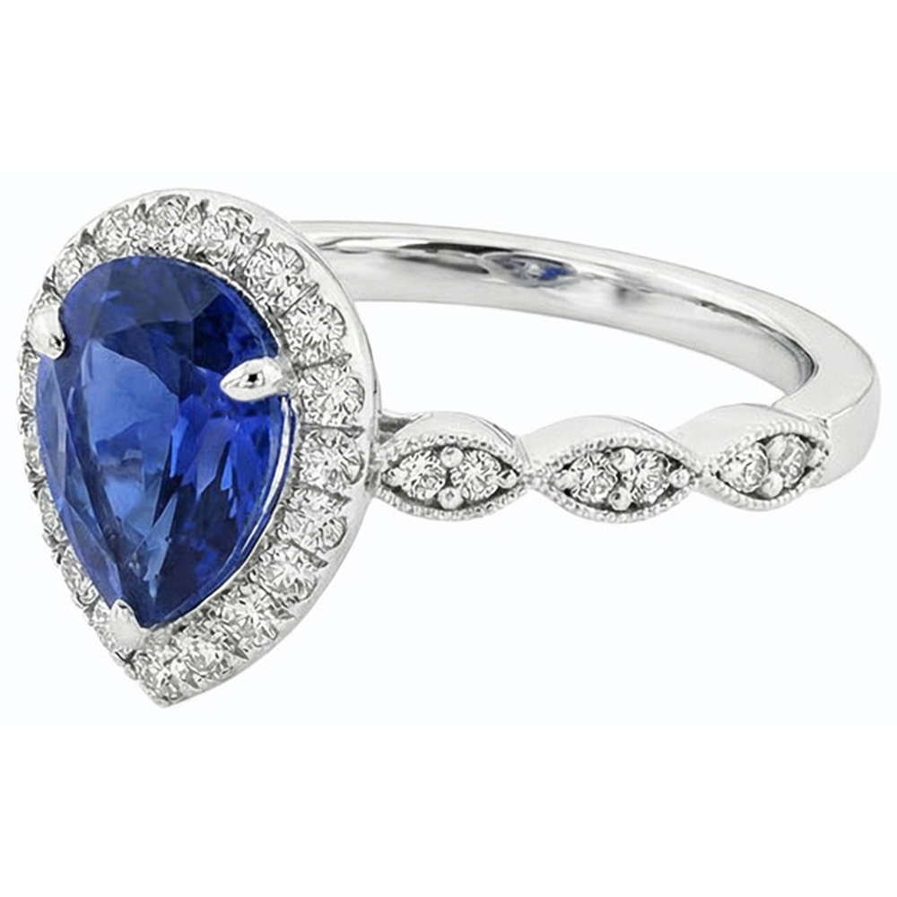 Halo Ring Pear Ceylon Sapphire & Natural Earth Mined Diamonds 5 Carats White Gold 14K