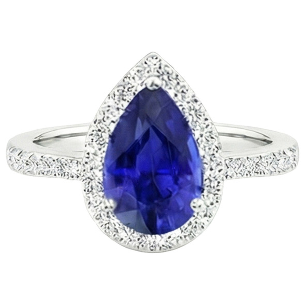 Halo Ring Pear Ceylon Sapphire & Pave Set Natural Earth Mined Diamonds 4.50 Carats