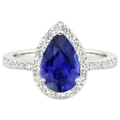 Halo Ring Pear Ceylon Sapphire & Pave Set Natural Earth Mined Diamonds 4.50 Carats