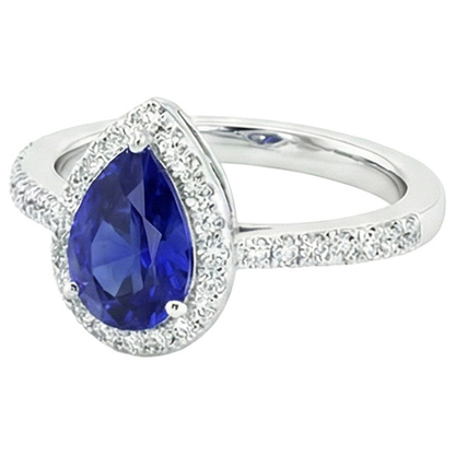 Halo Ring Pear Ceylon Sapphire & Pave Set Natural Earth Mined Diamonds 4.50 Carats