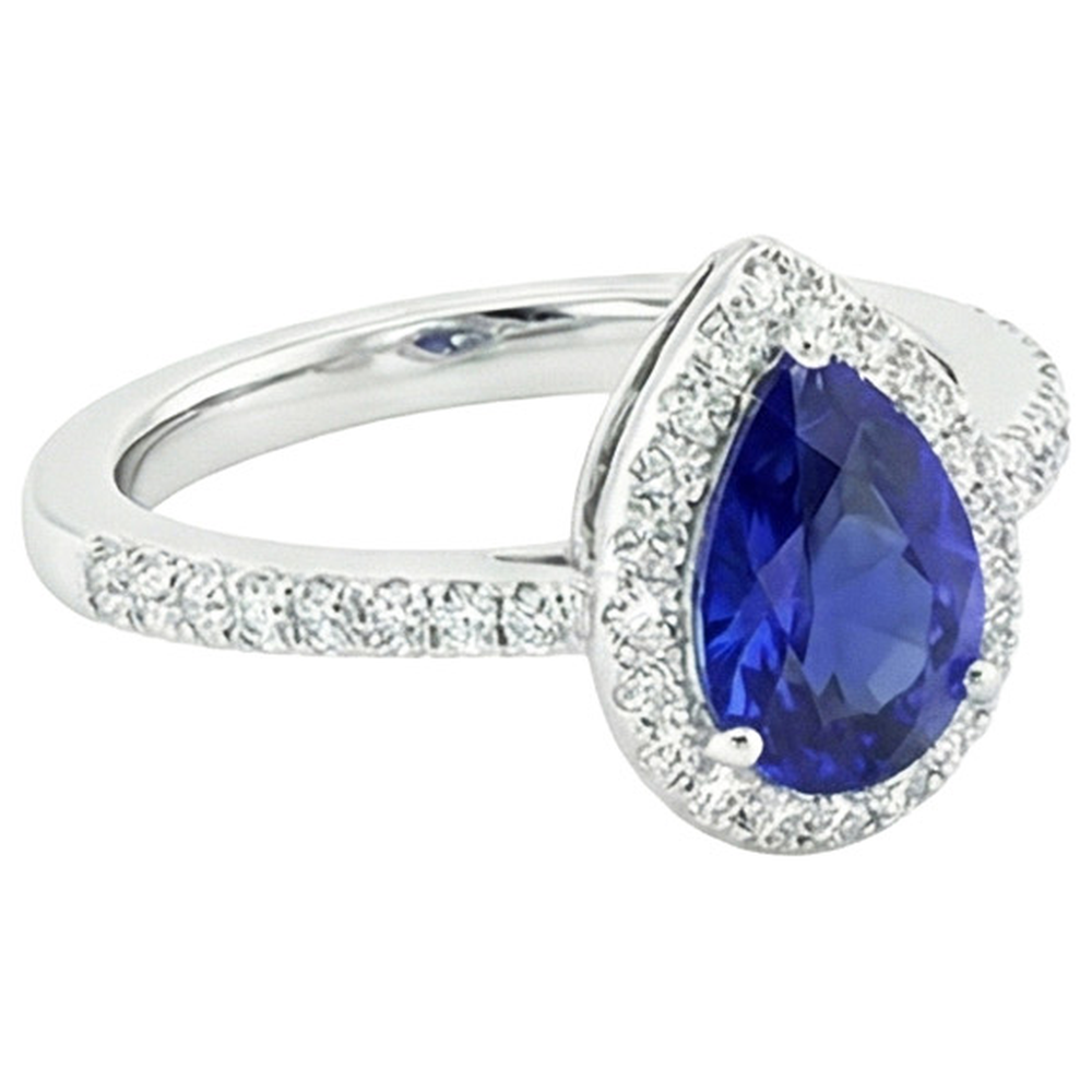 Halo Ring Pear Ceylon Sapphire & Pave Set Natural Earth Mined Diamonds 4.50 Carats