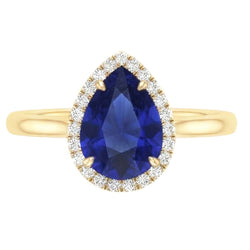 Halo Ring Pear Cut Ceylon Sapphire & Natural Earth Mined Diamonds 3 Carats Prong Set