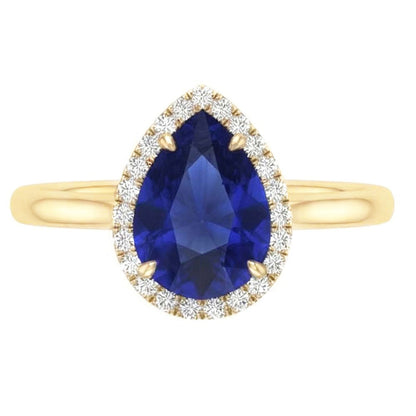 Halo Ring Pear Cut Ceylon Sapphire & Natural Earth Mined Diamonds 3 Carats Prong Set
