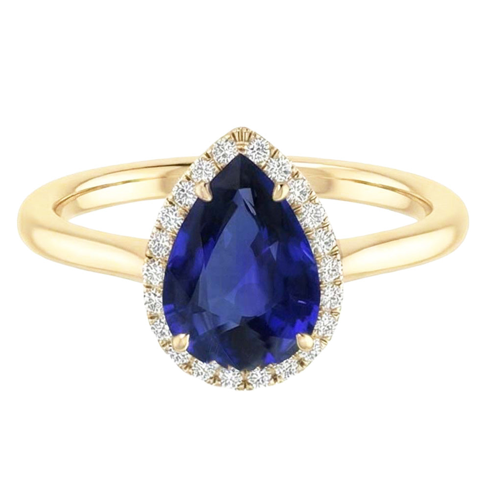 Halo Ring Pear Cut Ceylon Sapphire & Natural Earth Mined Diamonds 3 Carats Prong Set
