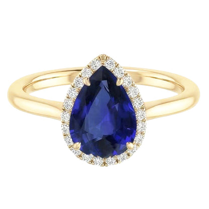 Halo Ring Pear Cut Ceylon Sapphire & Natural Earth Mined Diamonds 3 Carats Prong Set