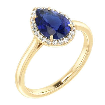 Halo Ring Pear Cut Ceylon Sapphire & Natural Earth Mined Diamonds 3 Carats Prong Set