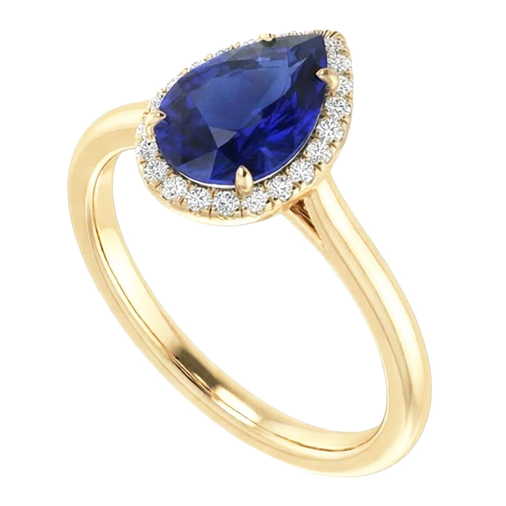 Halo Ring Pear Cut Ceylon Sapphire & Natural Earth Mined Diamonds 3 Carats Prong Set