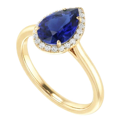 Halo Ring Pear Cut Ceylon Sapphire & Natural Earth Mined Diamonds 3 Carats Prong Set