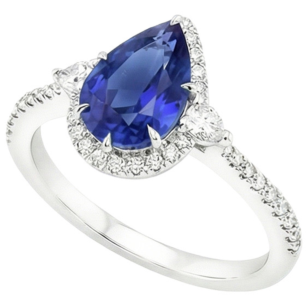 Halo Ring Pear Cut Sri Lankan Sapphire & Natural Earth Mined Diamonds 5.25 Carats