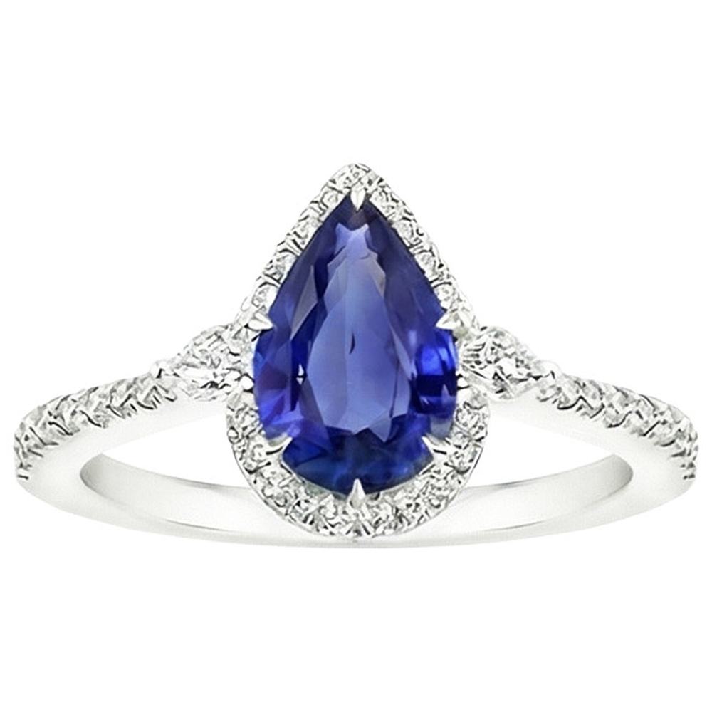 Halo Ring Pear Cut Sri Lankan Sapphire & Natural Earth Mined Diamonds 5.25 Carats