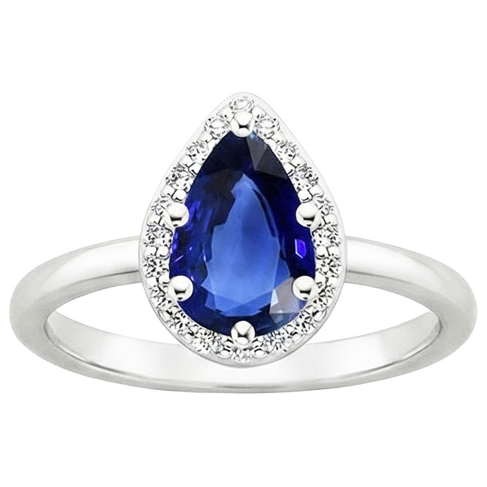 Halo Ring Pear Sri Lankan Sapphire & Natural Earth Mined Diamonds 3 Carats