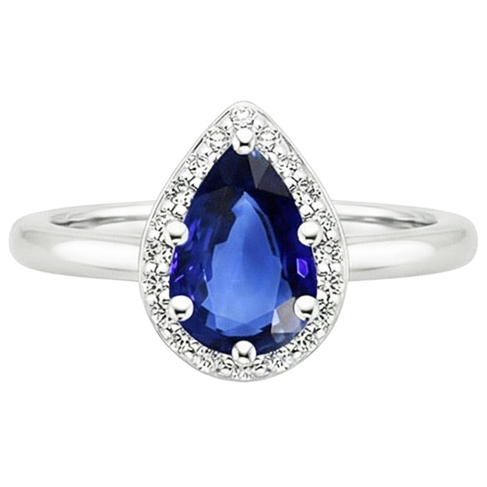 Halo Ring Pear Sri Lankan Sapphire & Natural Earth Mined Diamonds 3 Carats