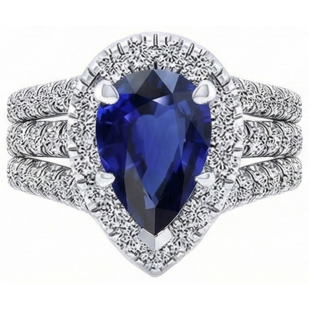 Halo Ring Prong Set Pear Blue Sapphire & Triple Shank Natural Earth Mined Diamond 5 Carats