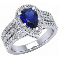 Halo Ring Prong Set Pear Blue Sapphire & Triple Shank Natural Earth Mined Diamond 5 Carats